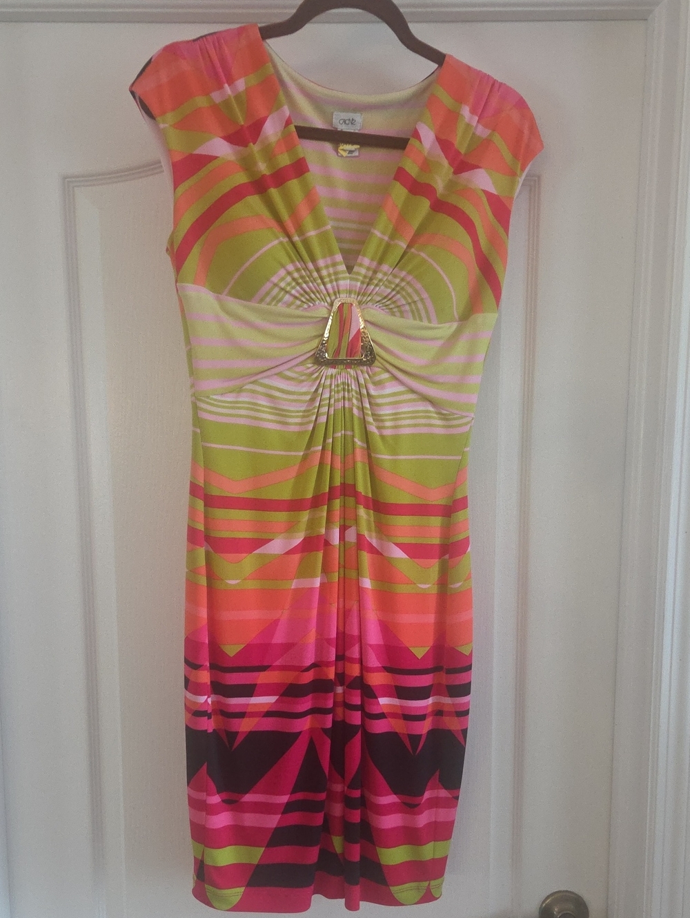 Cache Striped V-Neck Midi Dress in Pink, Orange & Green